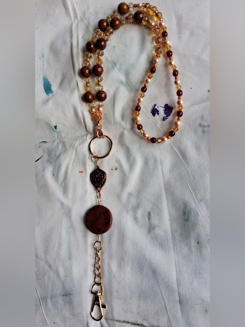 Brown And Peach Landyard Necklace - Gold Accent